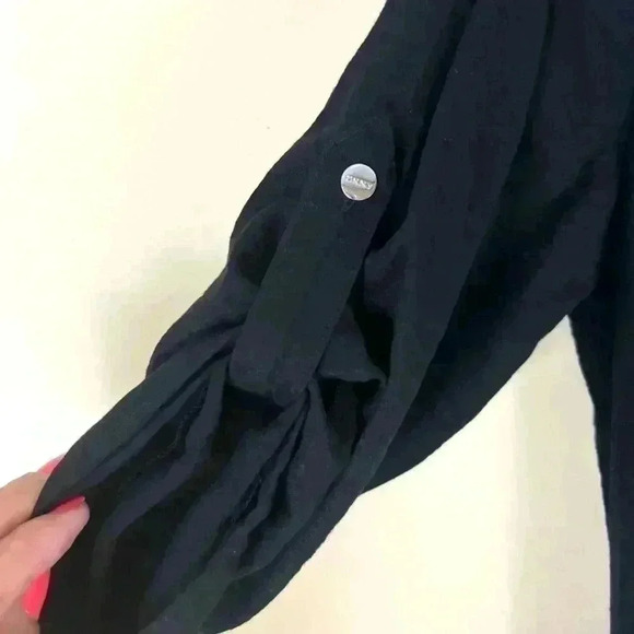 DKNY Black Zipper Pocket Drawstring Waist Roll-Tab Sleeve V Neck Jumpsuit Size 4 - Picture 7 of 16